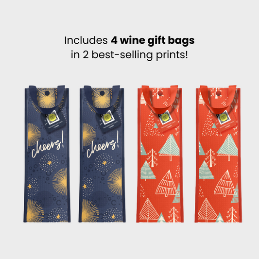 Wine Holiday Bundle | Reusable Gift Bag + QR Greeting Card | Cheers and Festive Forest