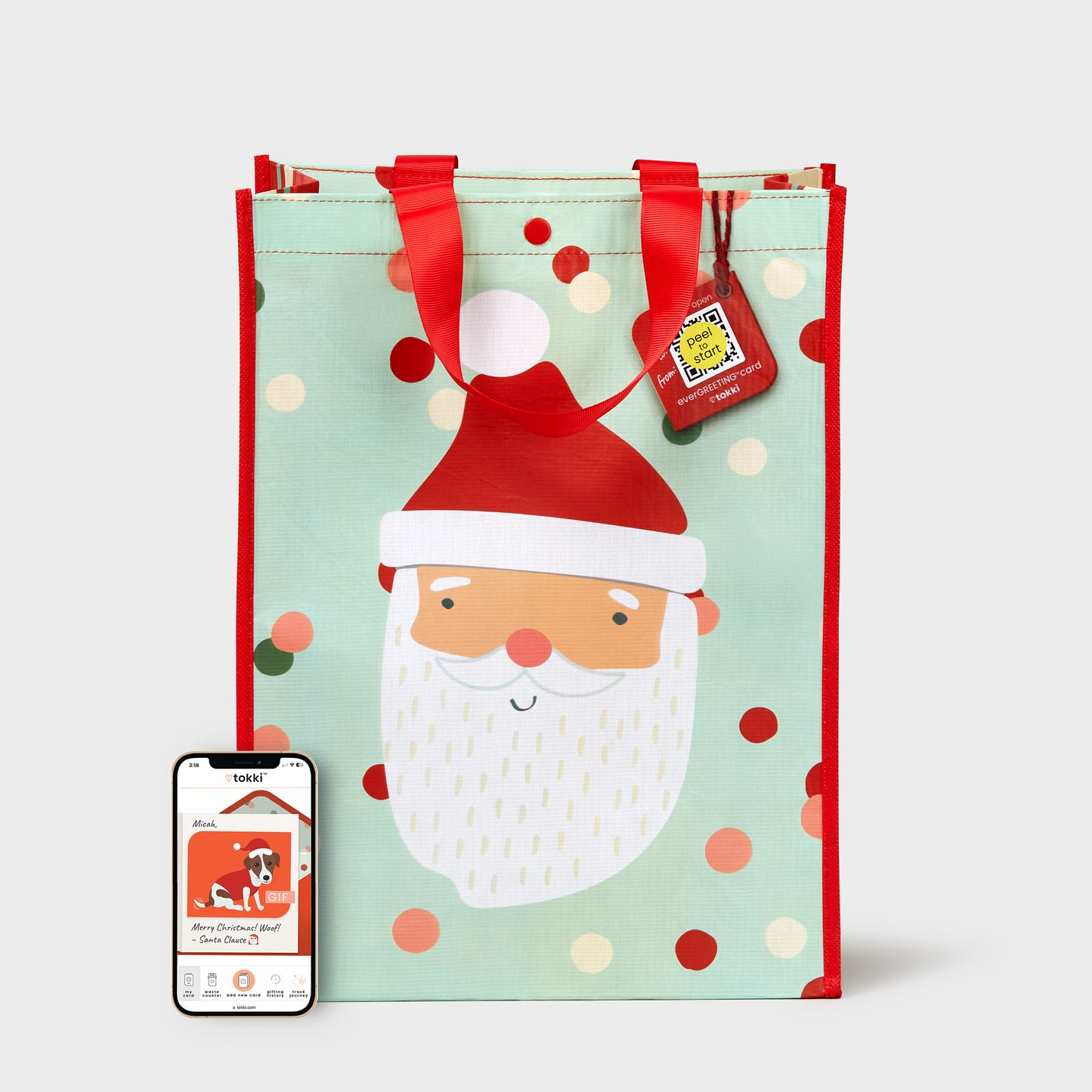 Mint Polka Dot Santa | Large | Reusable Gift Bag + QR Greeting Card
