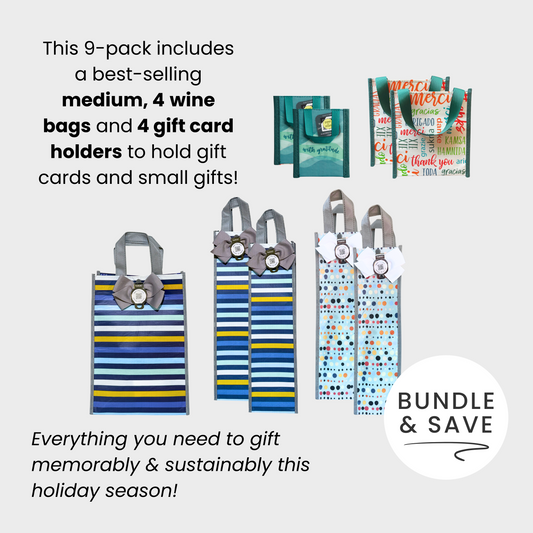 Frosty & Festive Bundle | 9-Pack Reusable Gift Bags with Handles and Built-In QR Greeting Cards