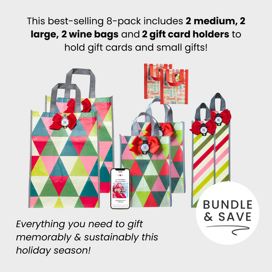 Merry & Bright Bundle | 8-Pack Reusable Gift Bags with Handles and Built-In QR Greeting Cards