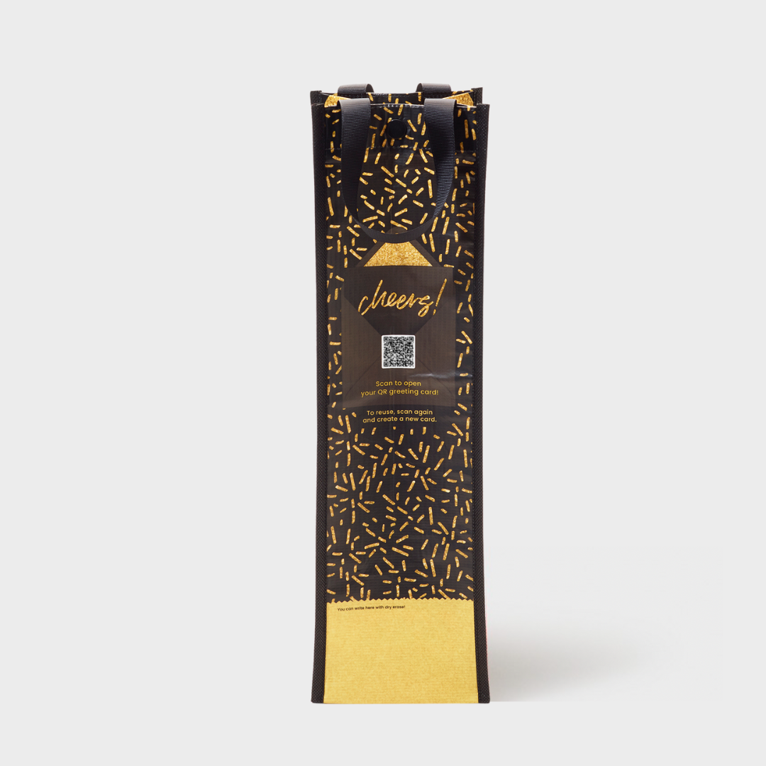 Black and Gold Sparkle | Wine | Reusable Gift Bag + QR Greeting Card