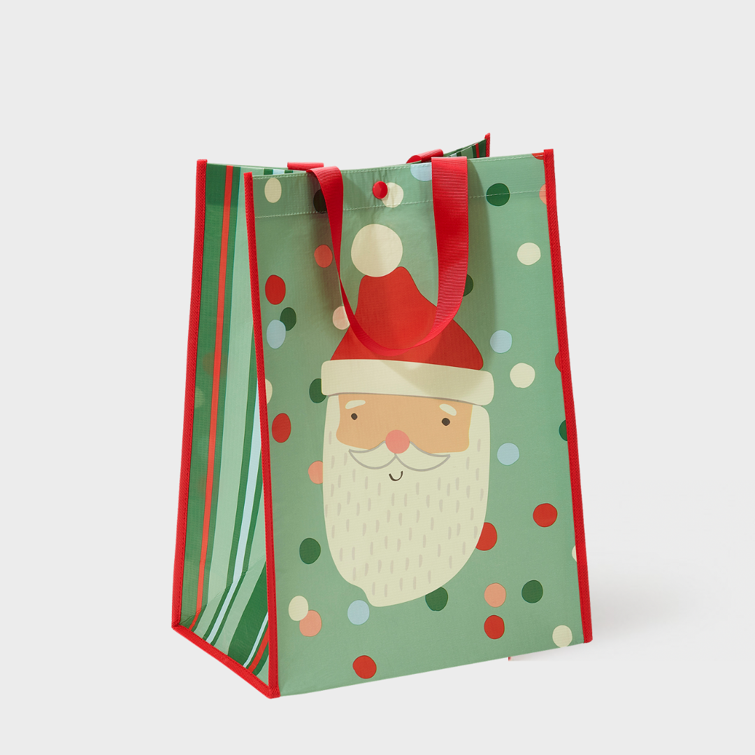 Green Polka Dot Santa | Large | Reusable Gift Bag + QR Greeting Card