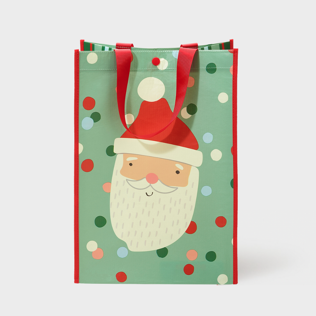 Green Polka Dot Santa | Large | Reusable Gift Bag + QR Greeting Card