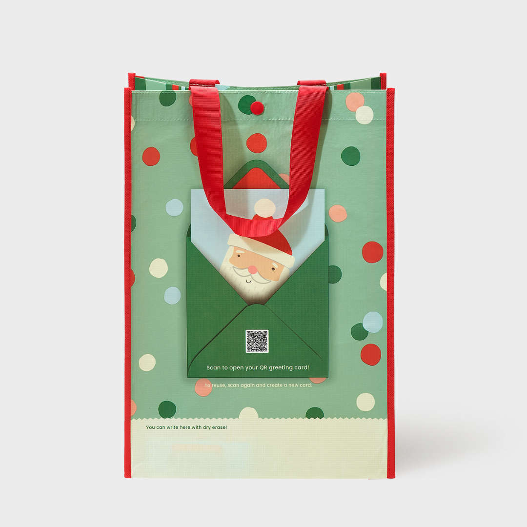 Green Polka Dot Santa | Large | Reusable Gift Bag + QR Greeting Card