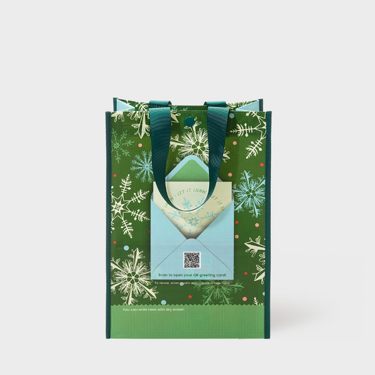 Green Snowflakes | Medium | Reusable Gift Bag + QR Greeting Card