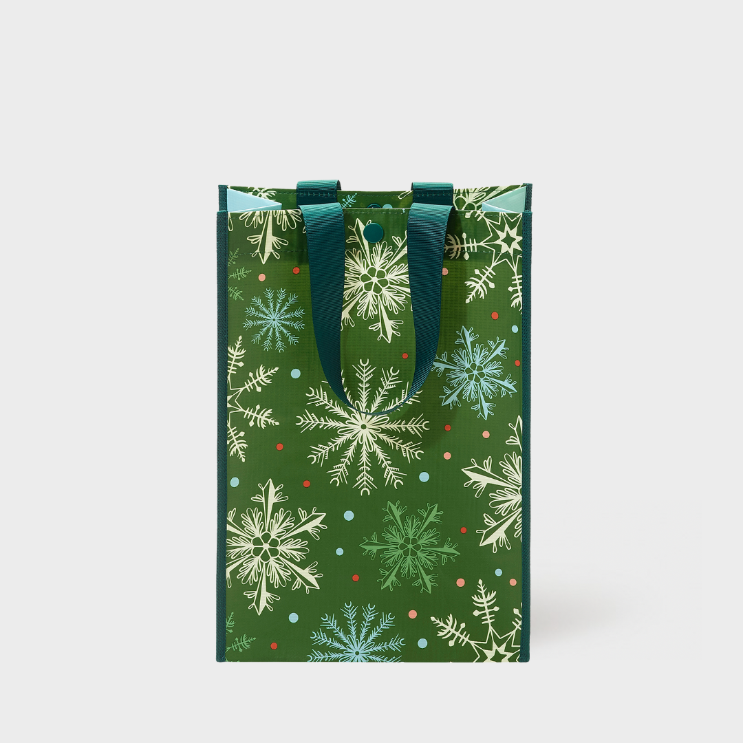 Green Snowflakes | Medium | Reusable Gift Bag + QR Greeting Card