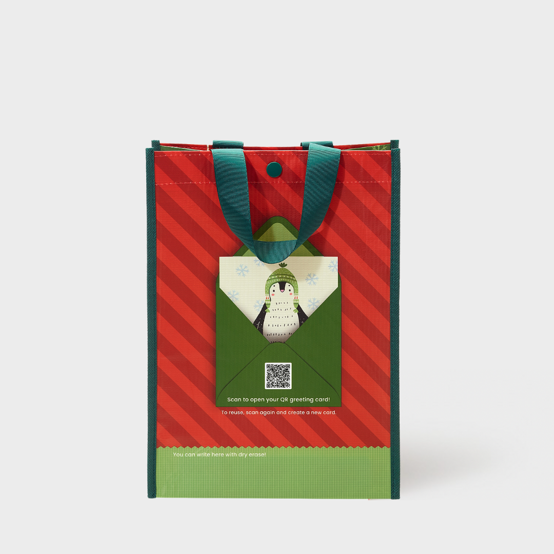 Holiday Penguin | Medium | Reusable Gift Bag + QR Greeting Card