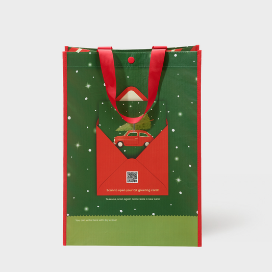 Holiday Red Car | Large | Reusable Gift Bag + QR Greeting Card